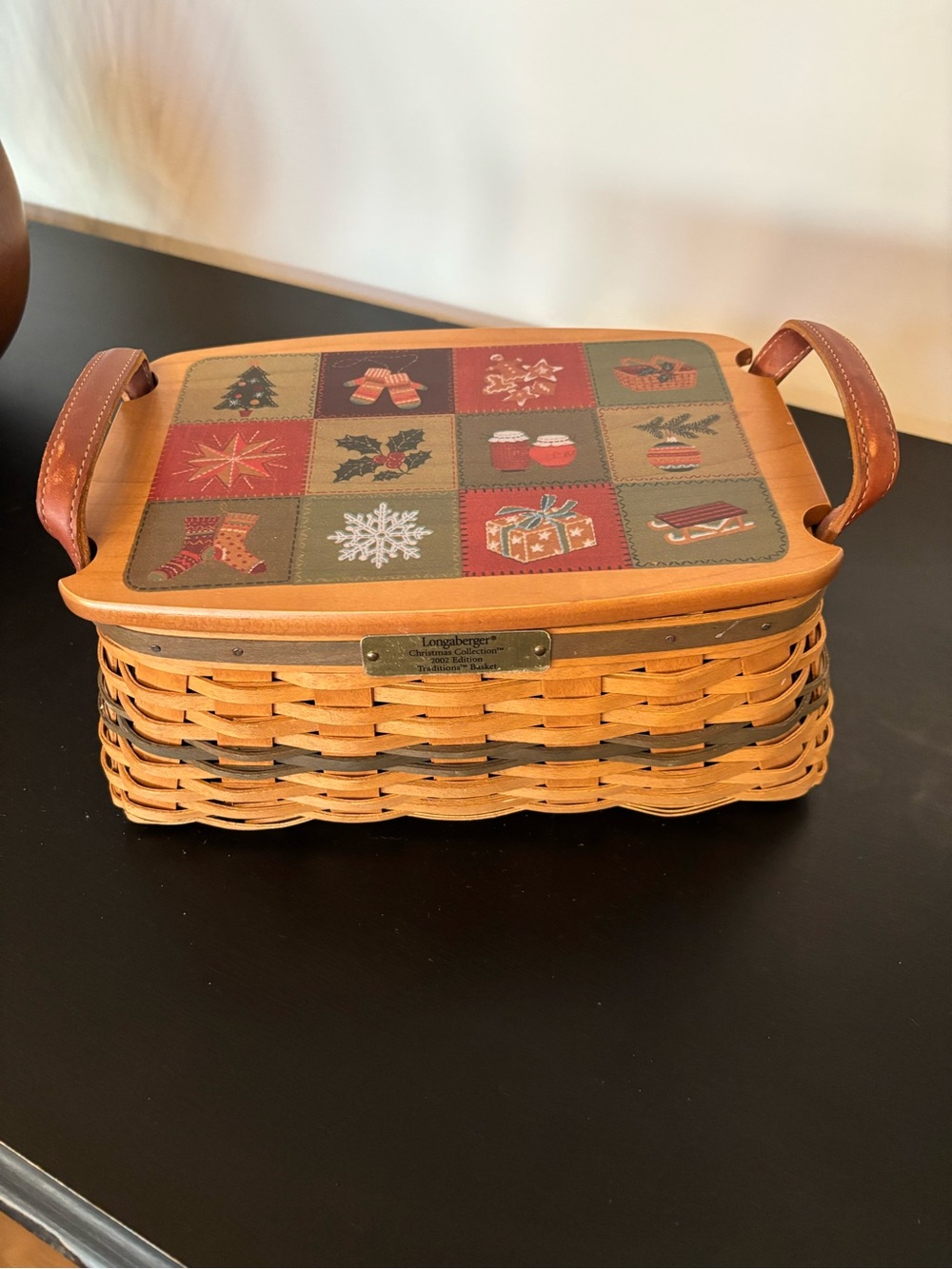 Vintage Christmas Longaberger Patchwork Holiday Woven Basket, Cute Grandma Charm
